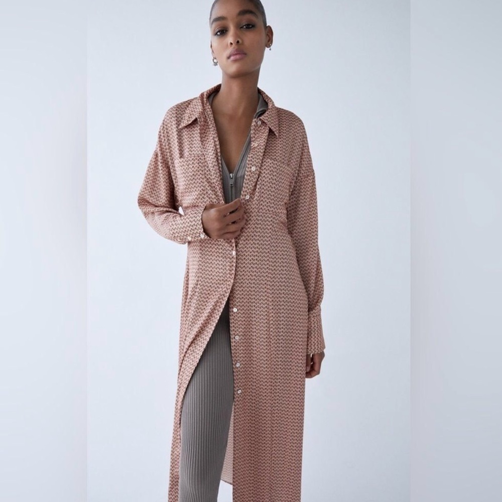 NWT Zara Long Sleeve Patterned Shirt Dress Size M